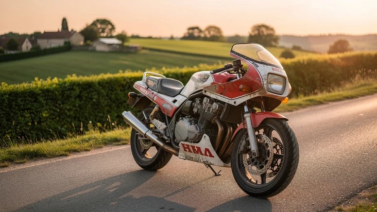 Moto sportive japonaise des années 80 garée au bord d'une route de campagne au coucher du soleil