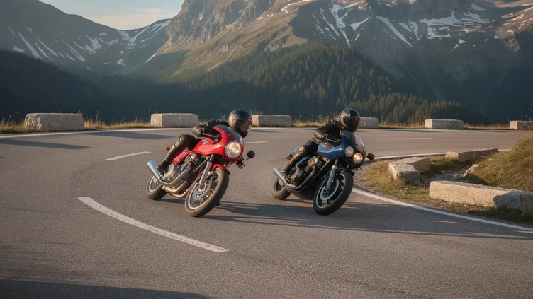 Deux motos anciennes dans un virage d'une route des Alpes