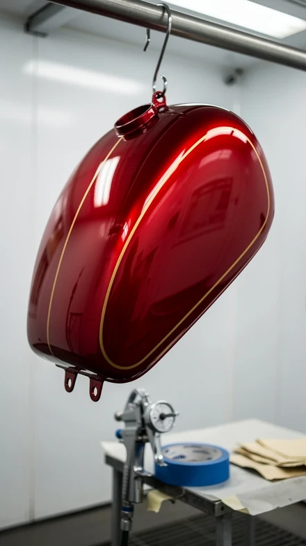 Réservoir de moto ancienne repeint en rouge candy