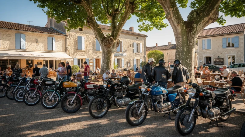 Rassemblement de youngtimers et motos de collection sur la place d'un village