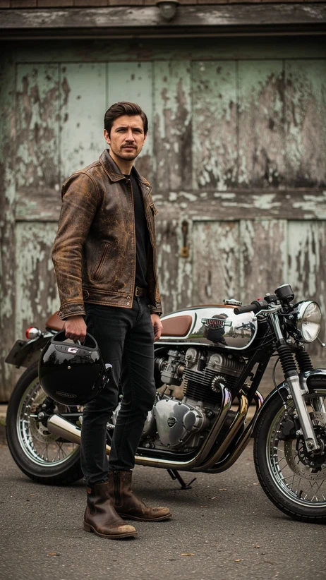 Motard à côté d'un café racer restauré
