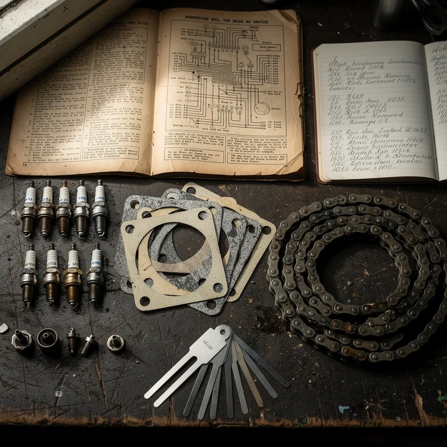 Pièces de moto ancienne et revue technique sur l'établi